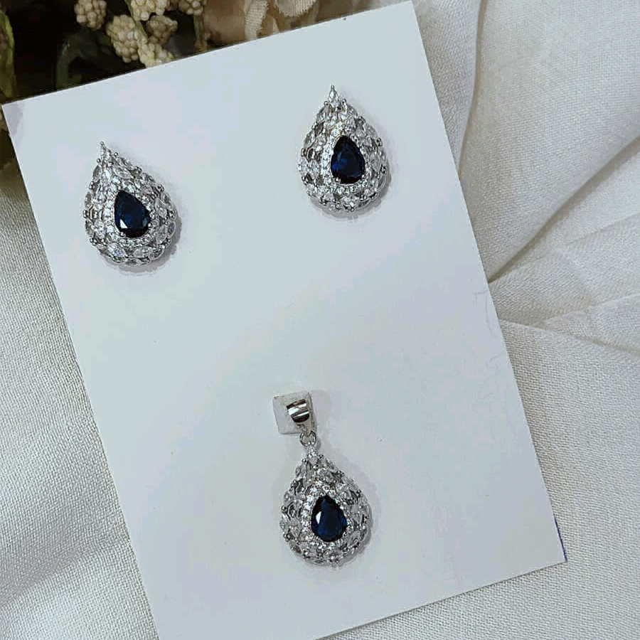 Blue Sapphire Pear Shape Pendant Set 